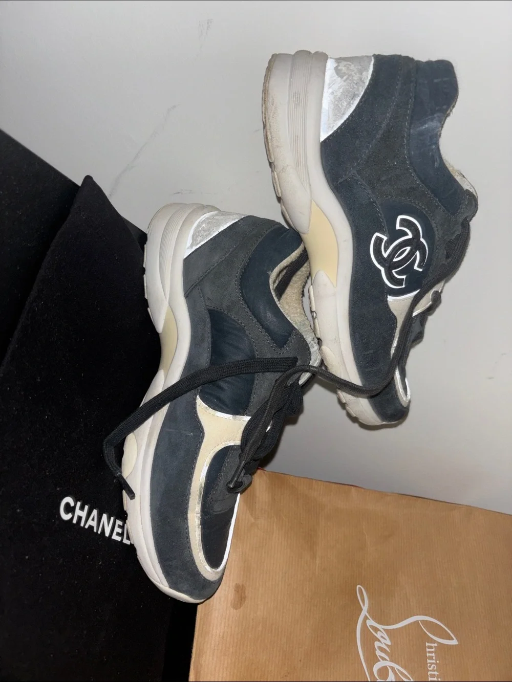 CHANEL Black and Cream Suede Chunky Sneakers
